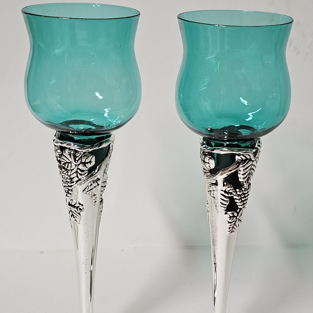 Silver / smerald green Glass Candle Holders